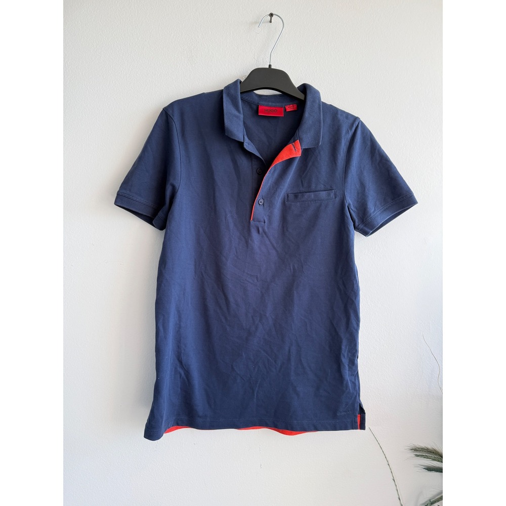 HUGO Hugo Boss Mens Navy Blue Orange Contrast Piqué Short Sleeve Polo Shirt S